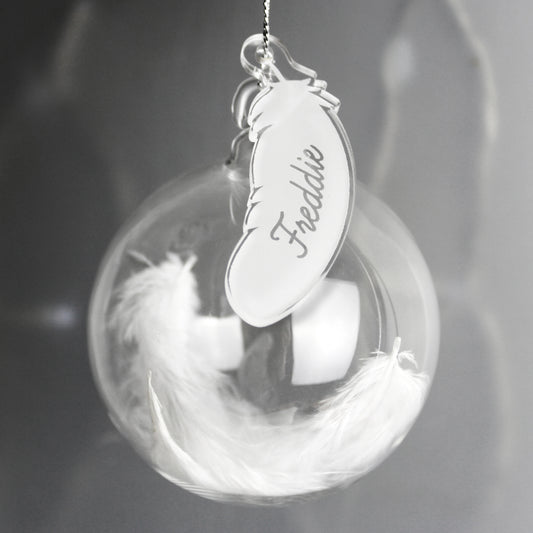 WHITE FEATHER GLASS BAUBLE