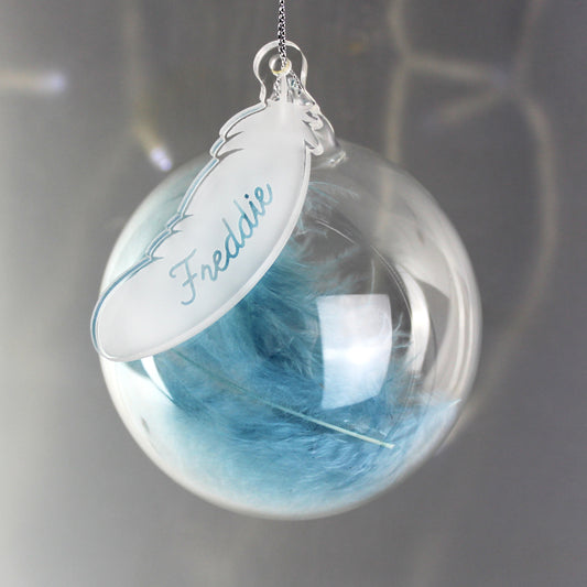 BLUE FEATHER GLASS BAUBLE