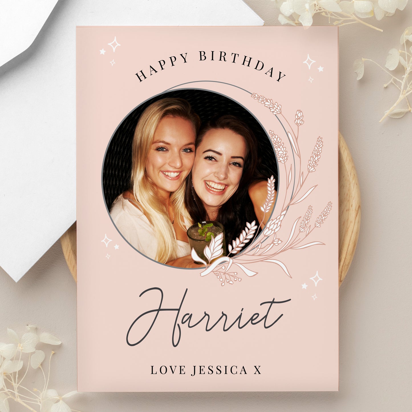 PERSONALISED PINK WREATH PHOTO CARD
