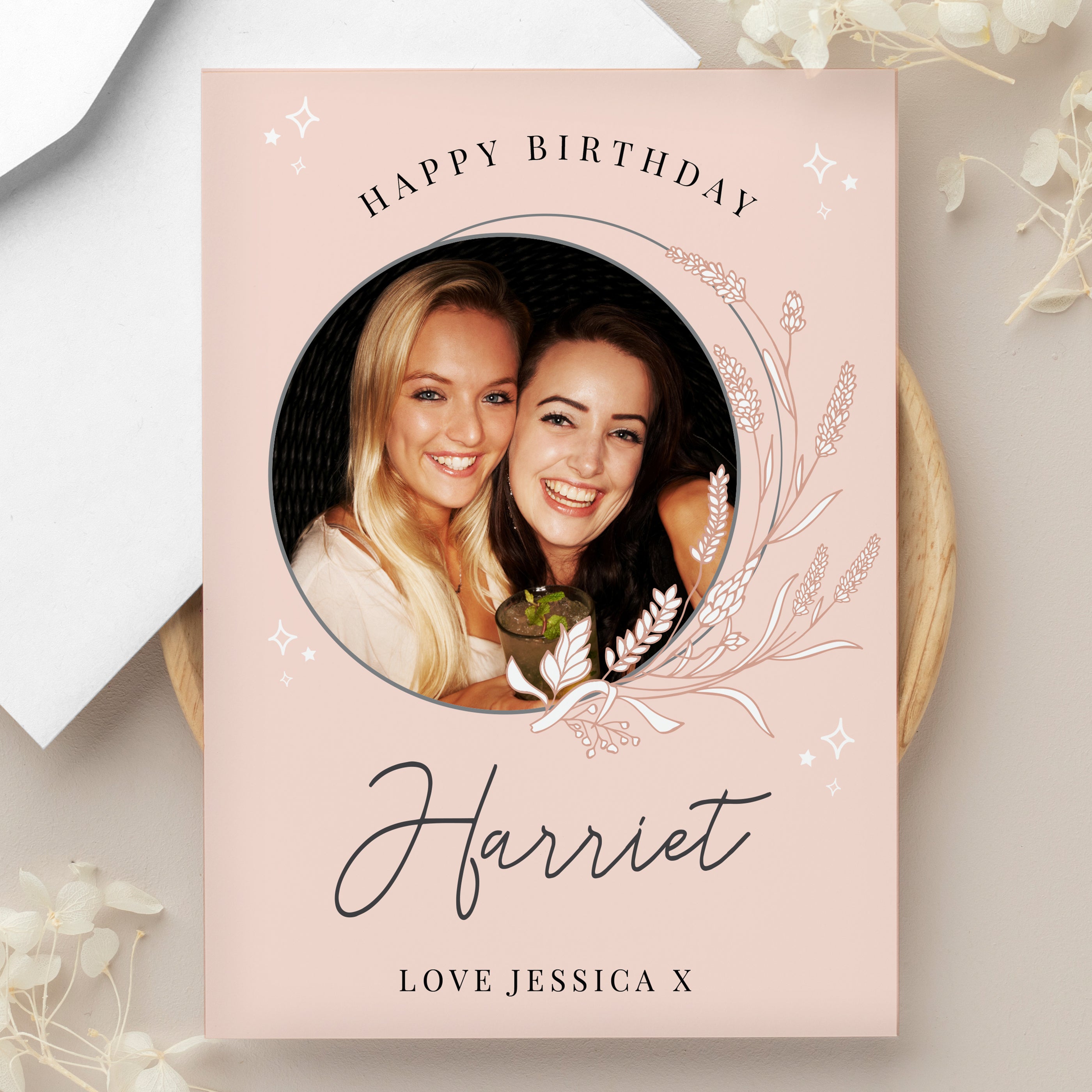 PERSONALISED PINK WREATH PHOTO CARD