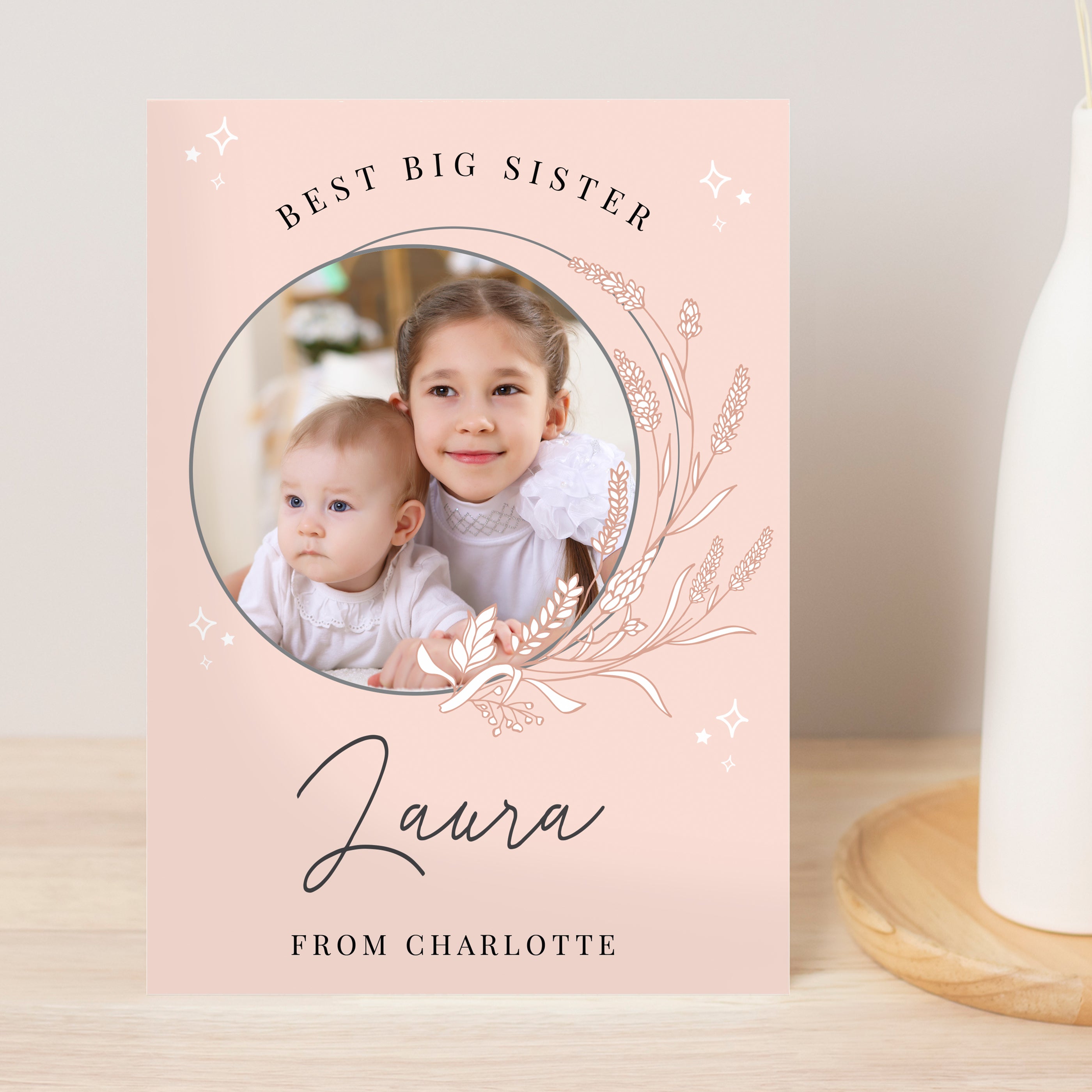 PERSONALISED PINK WREATH PHOTO CARD