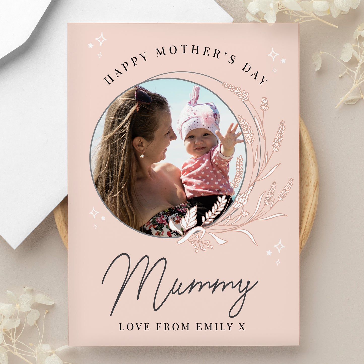 PERSONALISED PINK WREATH PHOTO CARD