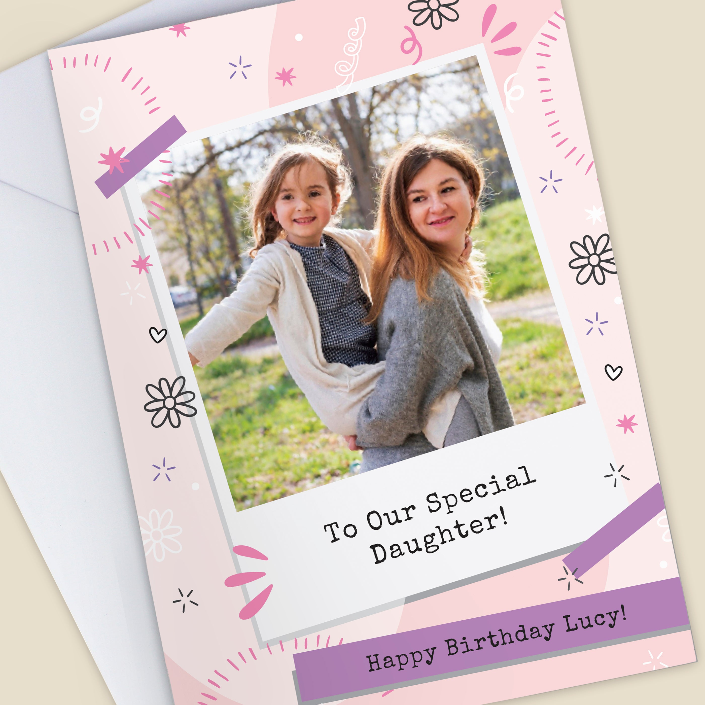 PERSONALISED PHOTO POLAROID PINK CARD