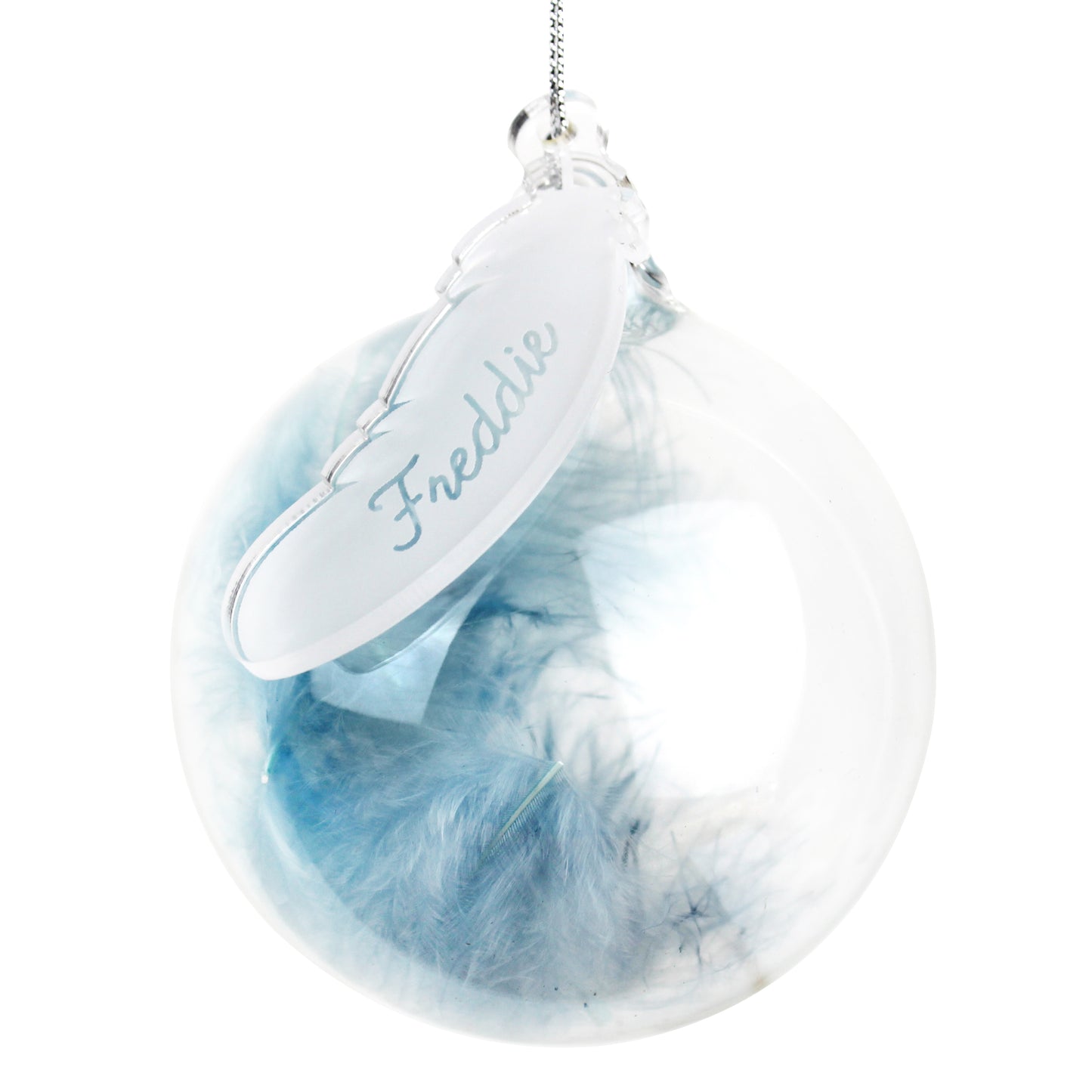 BLUE FEATHER GLASS BAUBLE