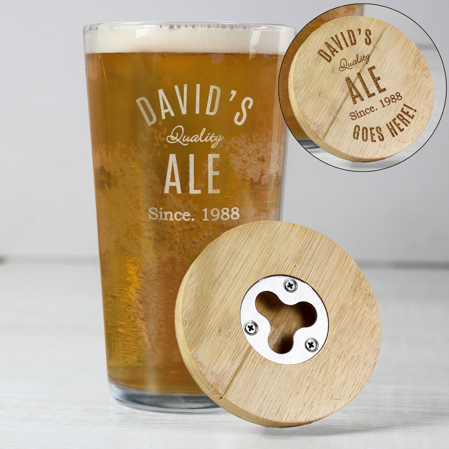 BOTTLE OPENER COASTER & GLASS SET