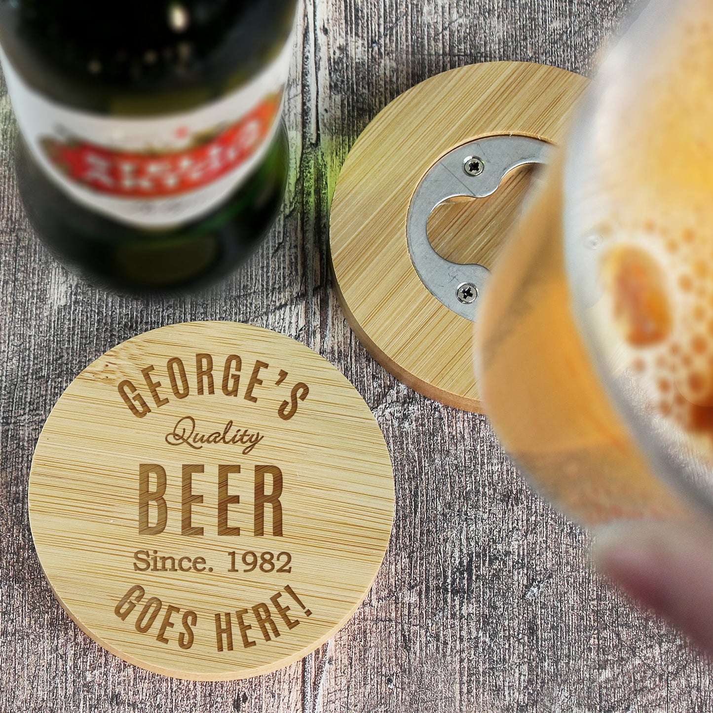 BOTTLE OPENER COASTER & GLASS SET