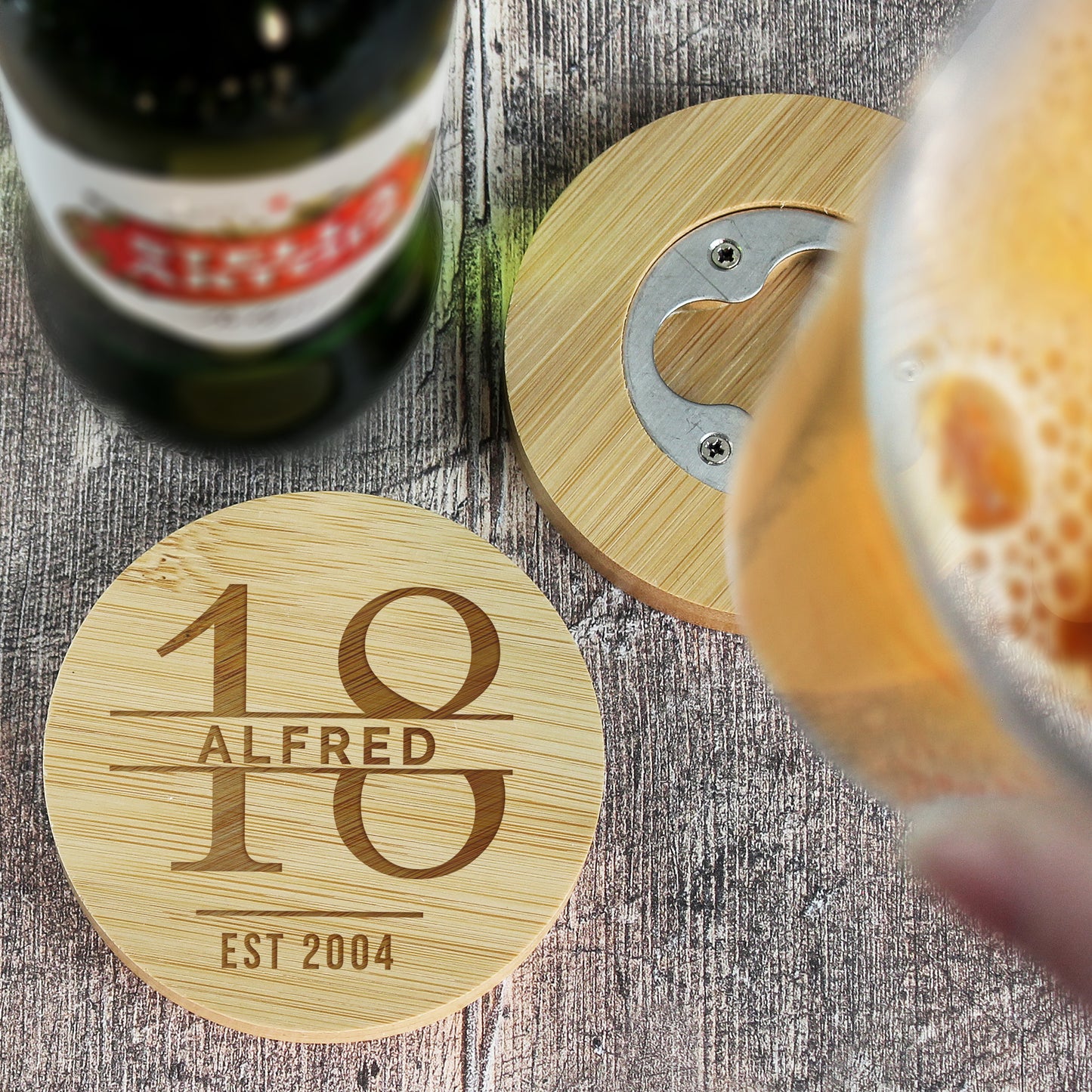 AGE BOTTLE OPENER COASTER & GLASS SET