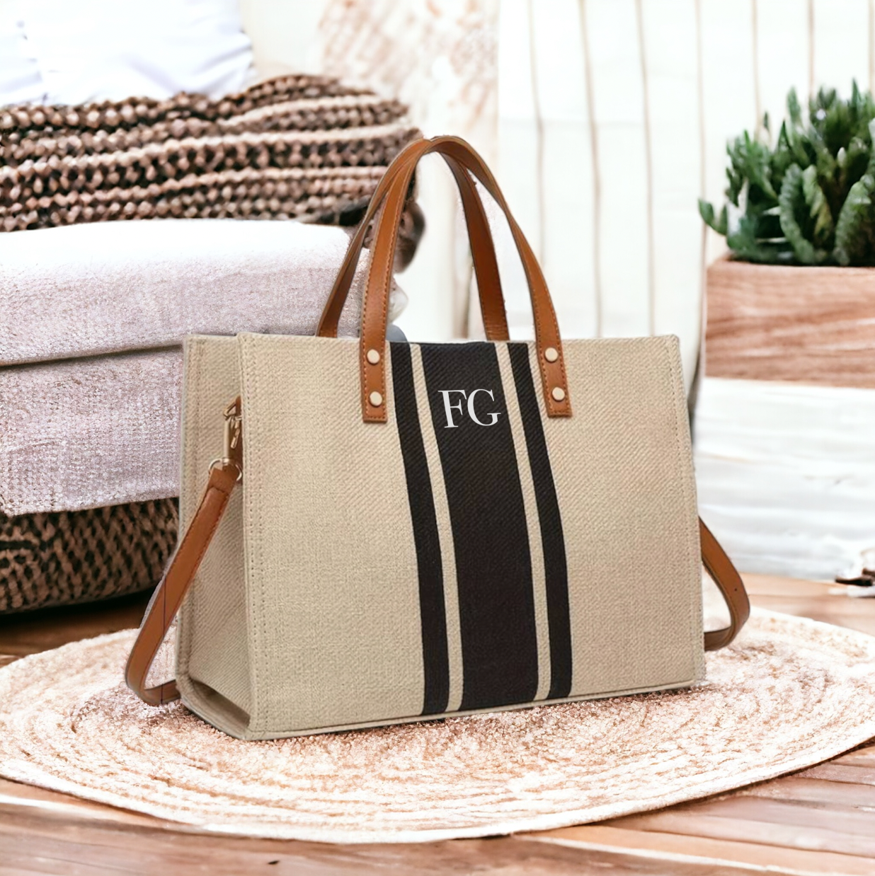 INITIAL STRIPE CANVAS BAG